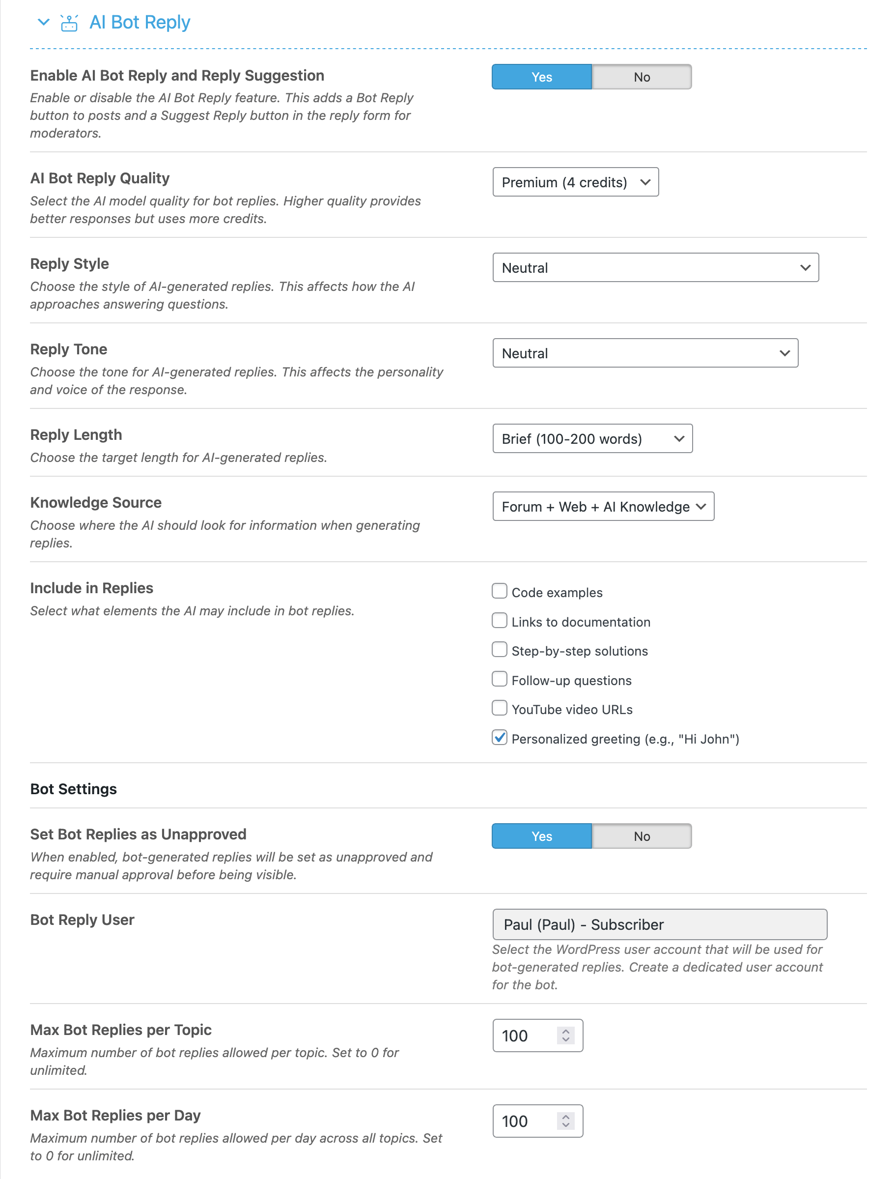 AI Bot Reply Settings