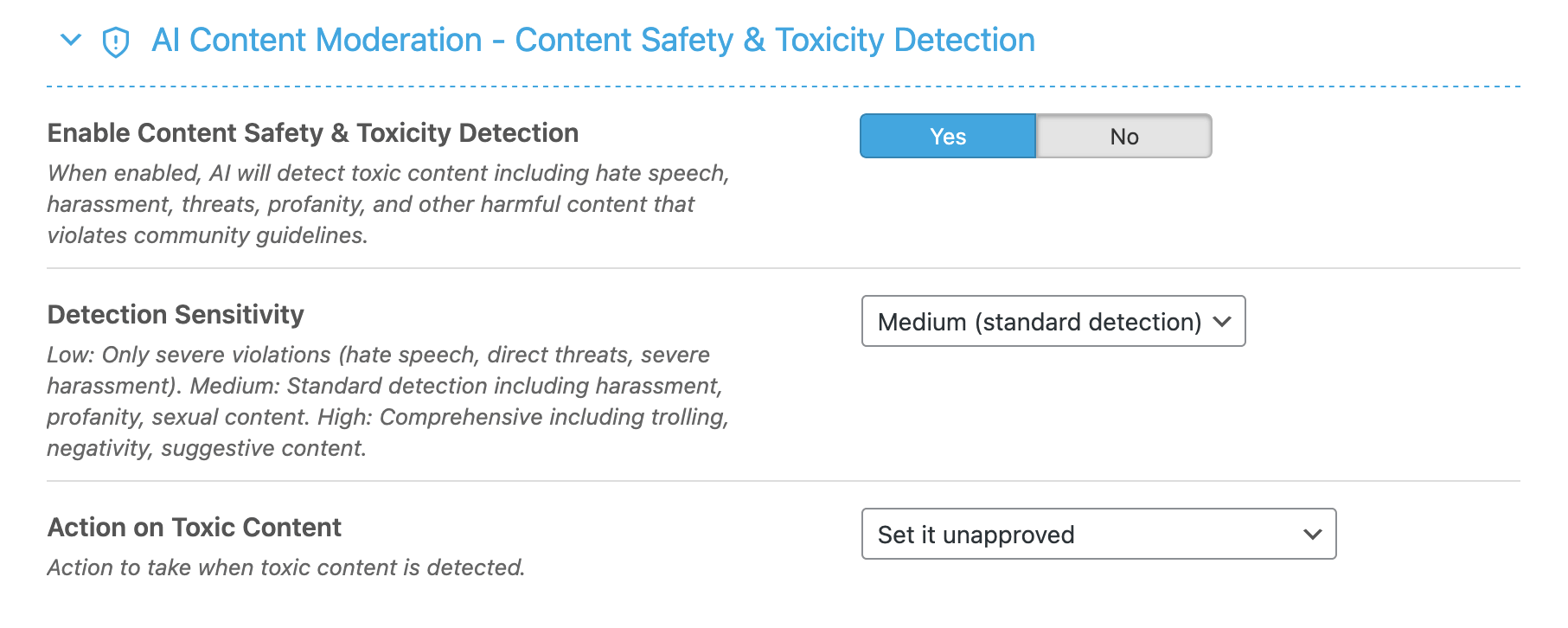 AI Toxicity Detection Settings