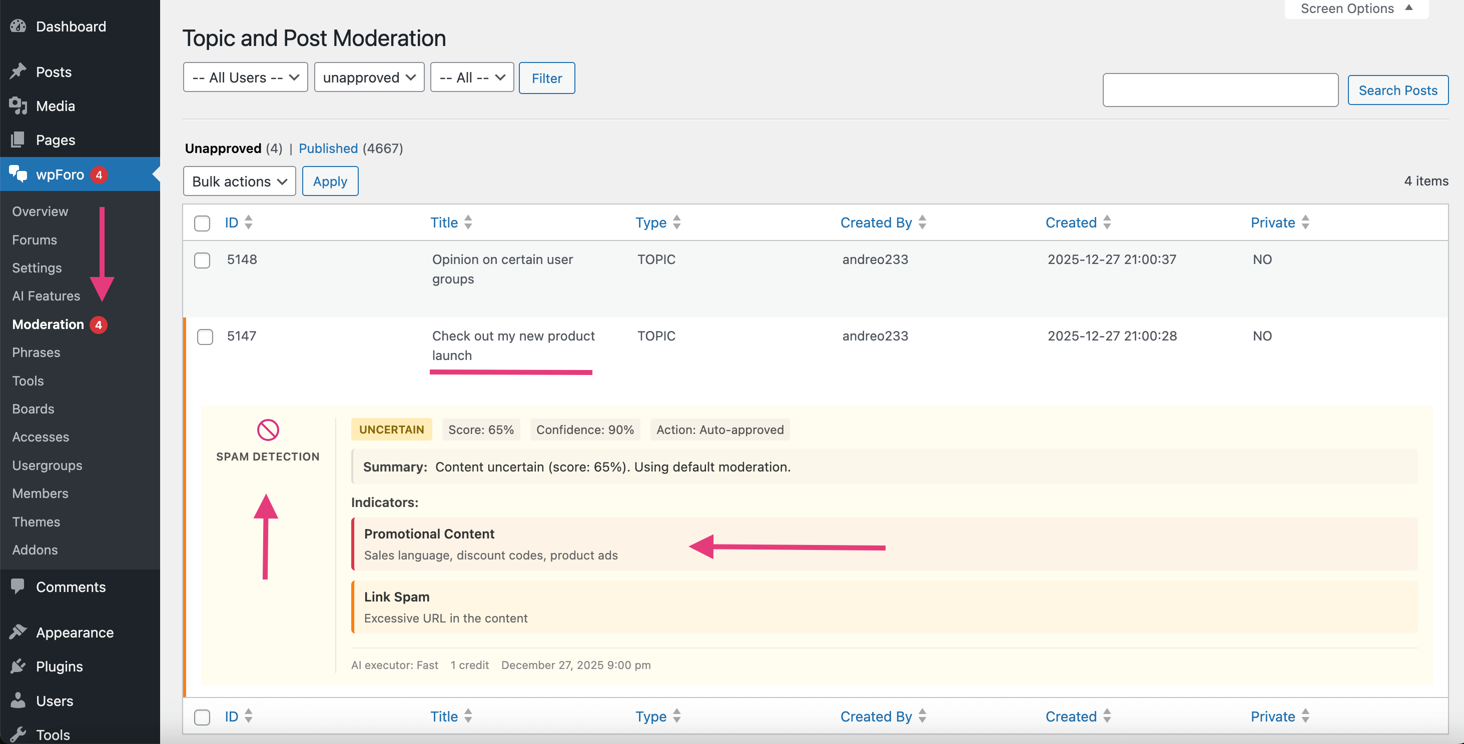 Spam Detection Report in Moderation