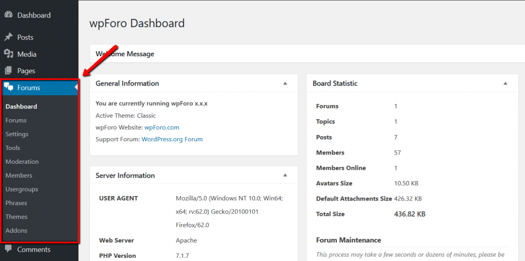 wpForo Dashboard Menu